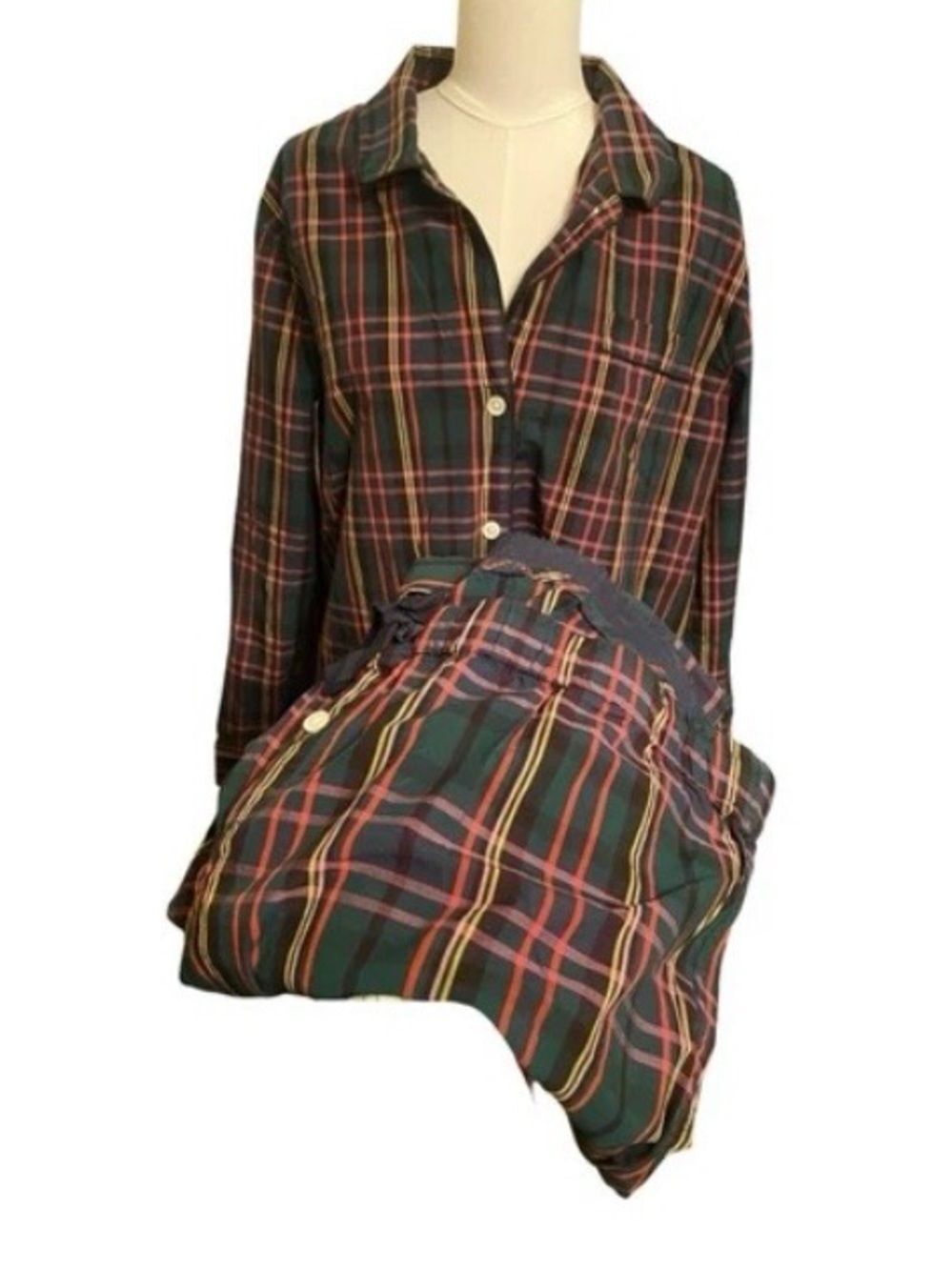 J Crew Plaid Lightweight Cotton Women's Pajamas XL Green Red Yellow Drawstring